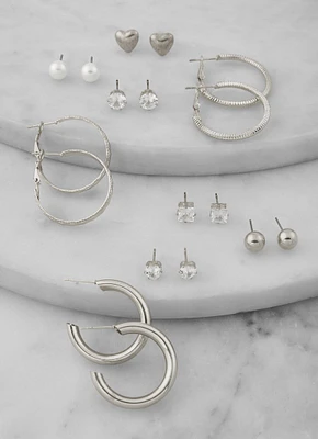 Womens Assorted Cubic Zirconia Stud and Hoop Earring Set, Silver