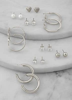 Womens Assorted Cubic Zirconia Stud and Hoop Earring Set, Silver