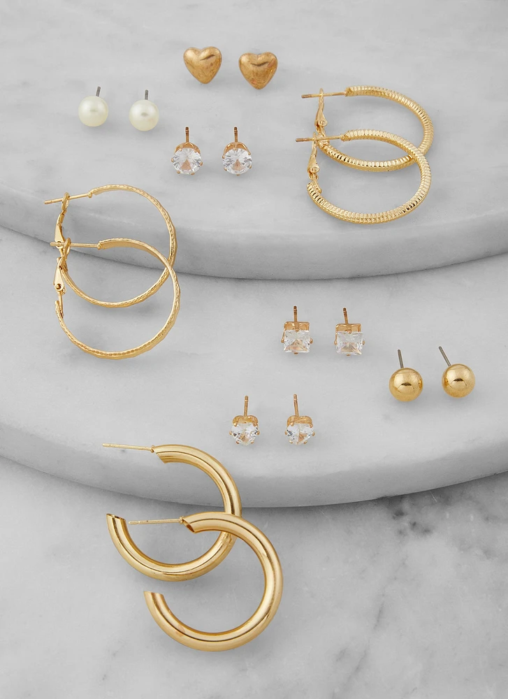 Womens Assorted Cubic Zirconia Stud and Hoop Earring Set, Gold