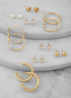 Womens Assorted Cubic Zirconia Stud and Hoop Earring Set, Gold