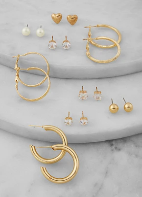 Womens Assorted Cubic Zirconia Stud and Hoop Earring Set, Gold