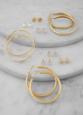 Womens Assorted Cubic Zirconia Stud and Hoop Earring Set of 9, Gold