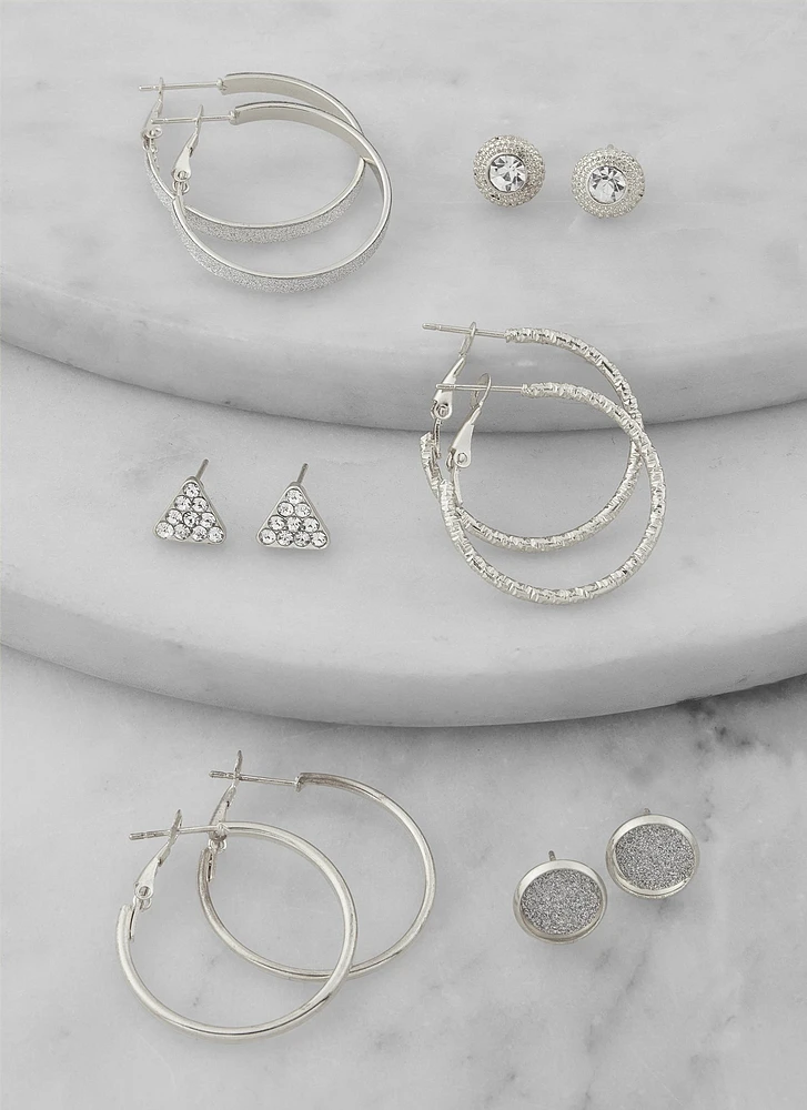 Womens Assorted Stud and Hoop Earring Set of 6, Silver