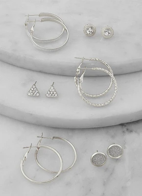Womens Assorted Stud and Hoop Earring Set of 6, Silver