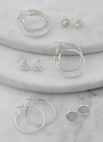 Womens Assorted Stud and Hoop Earring Set of 6, Silver