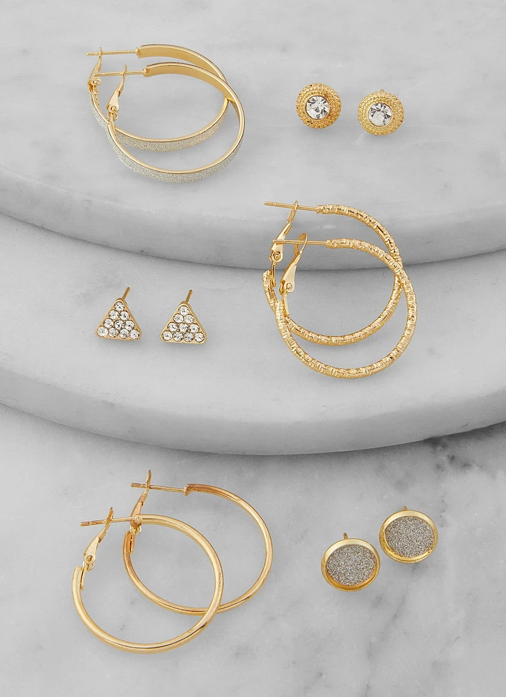 Womens Assorted Stud and Hoop Earring Set of 6, Gold