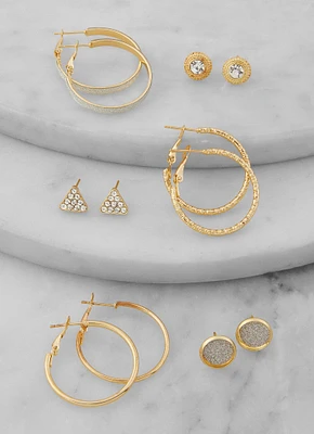 Womens Assorted Stud and Hoop Earring Set of 6, Gold