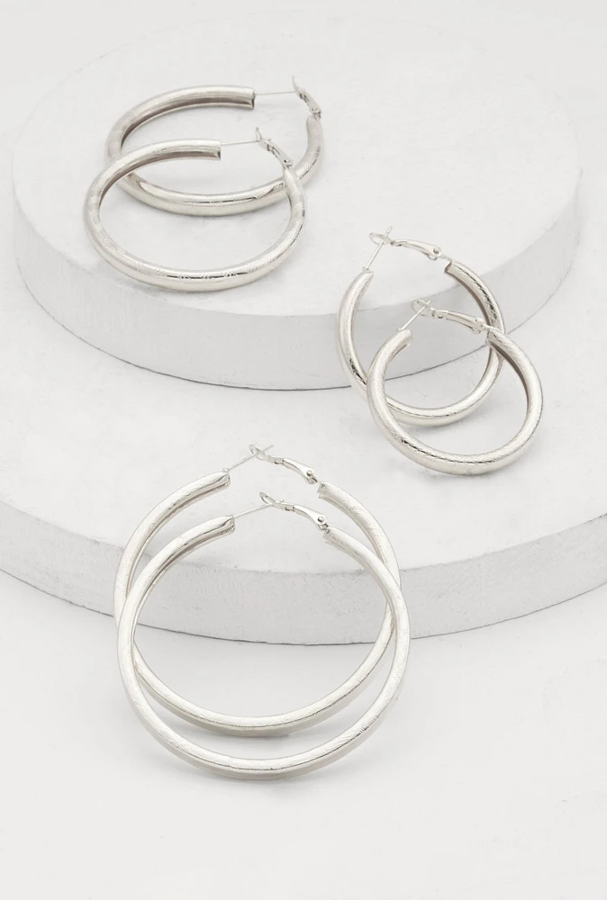 Womens Chunky Hoop Earring Trio, Silver