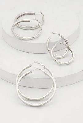 Womens Chunky Hoop Earring Trio, Silver