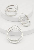 Womens Chunky Hoop Earring Trio, Silver