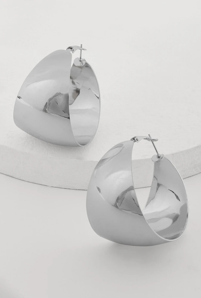 Womens Shiny Metallic Hoop Earrings, Silver