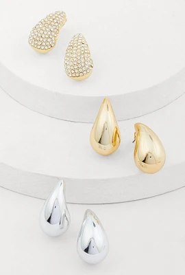 Womens Metallic Rhinestone Teardrop Stud Earrings Set of 3, Multi