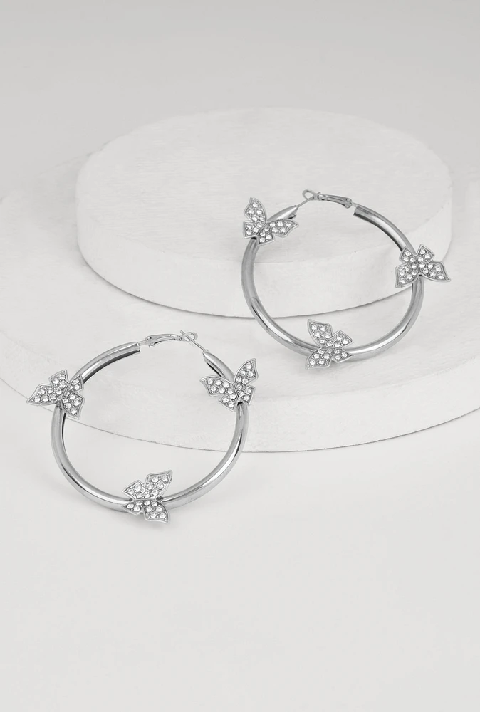 Womens Rhinestone Studded Butterfly Hoop Earrings, Silver