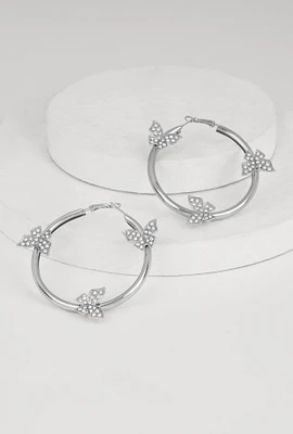 Womens Rhinestone Studded Butterfly Hoop Earrings, Silver