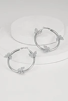 Womens Rhinestone Studded Butterfly Hoop Earrings, Silver