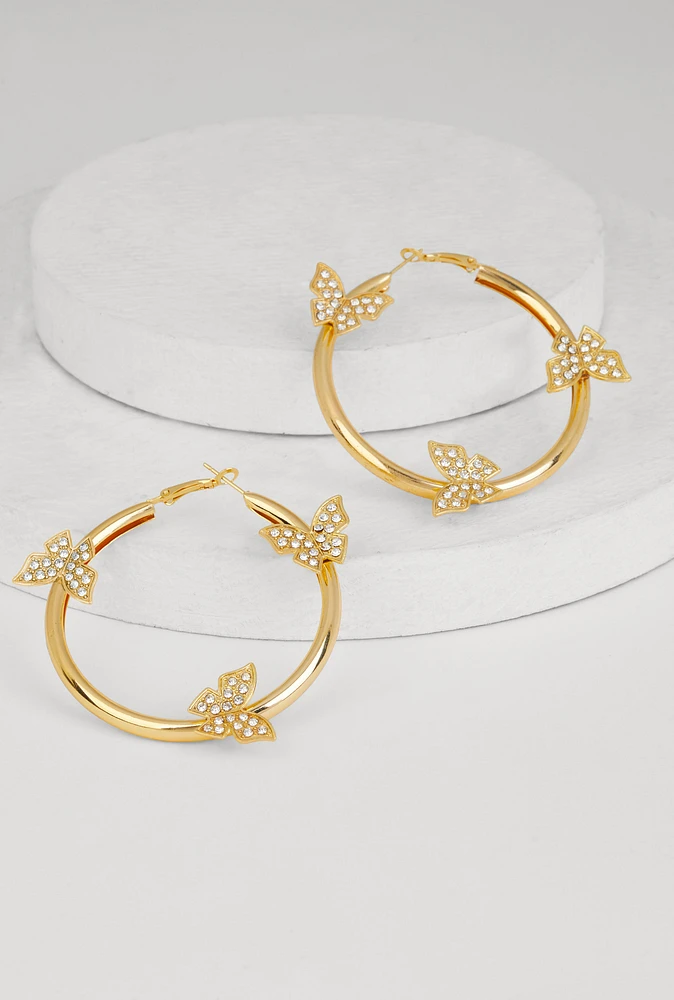 Womens Rhinestone Studded Butterfly Hoop Earrings, Gold