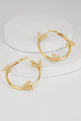 Womens Rhinestone Studded Butterfly Hoop Earrings, Gold