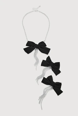 Womens Bow Tassel Necklace and Drop Earrings Set, Silver