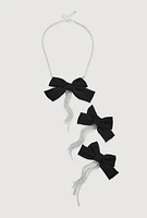 Womens Bow Tassel Necklace and Drop Earrings Set, Silver