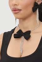 Womens Bow Tassel Necklace and Drop Earrings Set, Silver