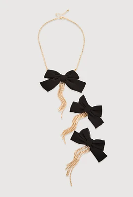 Womens Bow Tassel Necklace and Drop Earrings Set, Gold