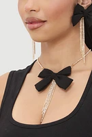 Womens Bow Tassel Necklace and Drop Earrings Set, Gold