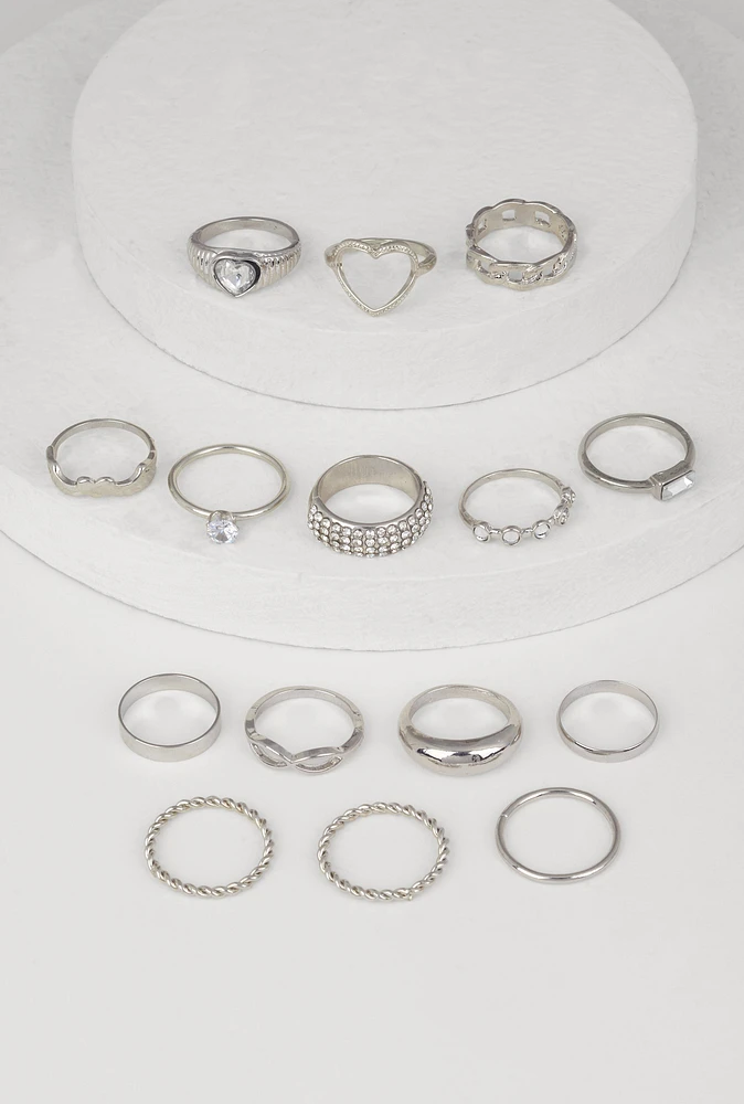 Womens Elegant Cubic Zirconia Assorted Metallic Rings Set of 15, Silver