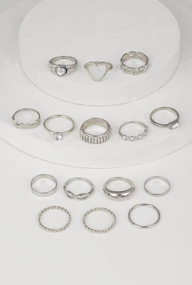 Womens Elegant Cubic Zirconia Assorted Metallic Rings Set of 15, Silver