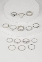 Womens Elegant Cubic Zirconia Assorted Metallic Rings Set of 15, Silver