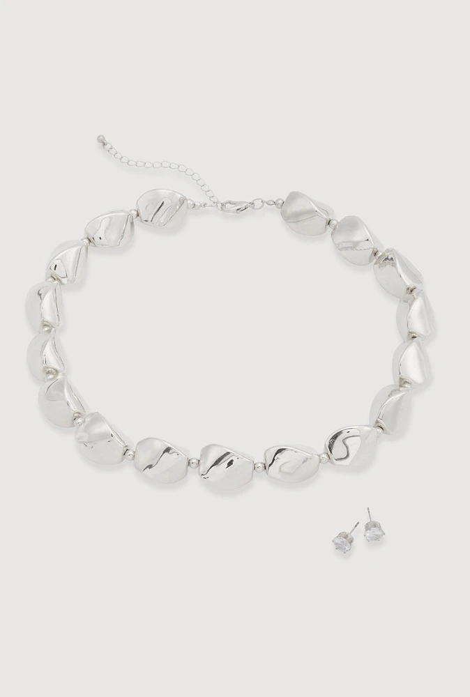 Womens Sculpted Beaded Statement Necklace and Cubic Zirconia Earrings, Silver
