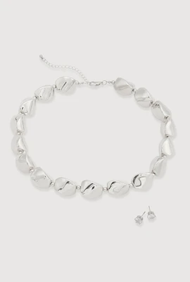 Womens Sculpted Beaded Statement Necklace and Cubic Zirconia Earrings, Silver