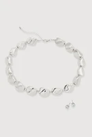Womens Sculpted Beaded Statement Necklace and Cubic Zirconia Earrings, Silver