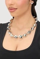 Womens Sculpted Beaded Statement Necklace and Cubic Zirconia Earrings, Silver