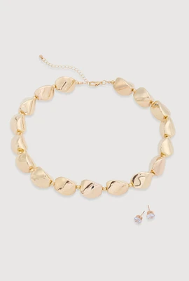 Womens Sculpted Beaded Statement Necklace and Cubic Zirconia Earrings, Gold