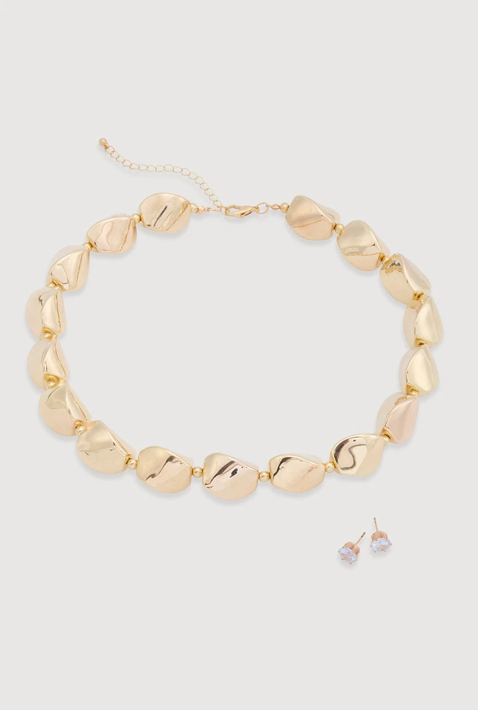 Womens Sculpted Beaded Statement Necklace and Cubic Zirconia Earrings,