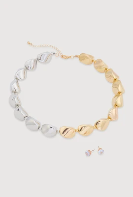Womens Sculpted Beaded Statement Necklace and Cubic Zirconia Earrings, Multi