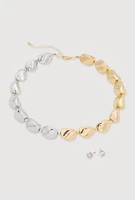 Womens Sculpted Beaded Statement Necklace and Cubic Zirconia Earrings, Multi
