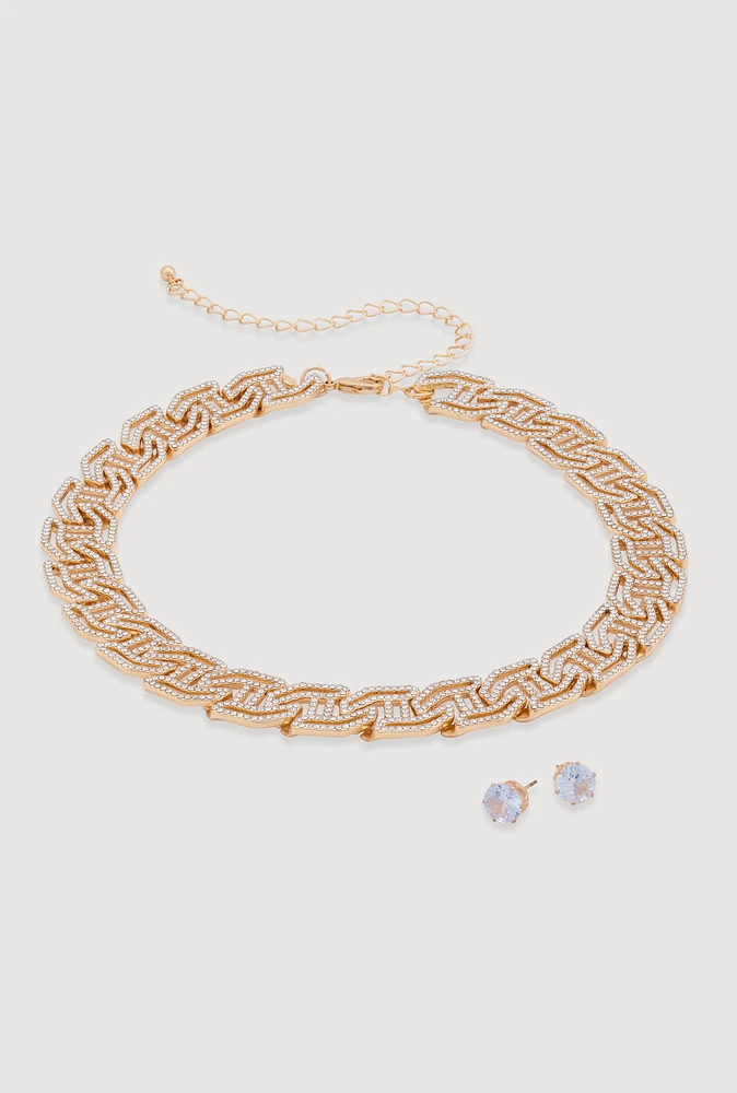 Womens Cubic Zirconia Geometric Necklace and Stud Earrings,