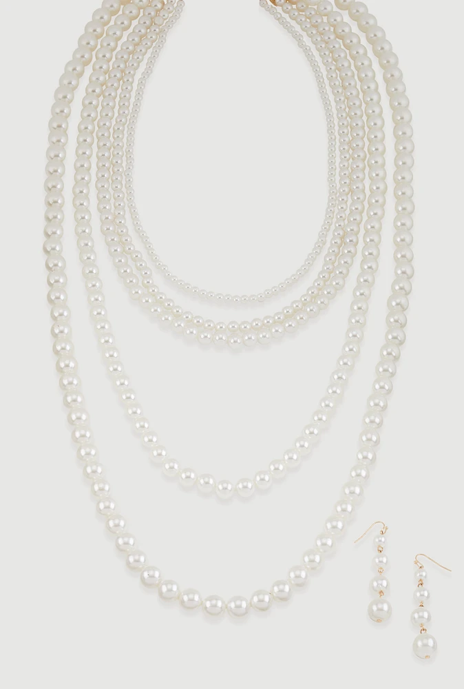 Womens Faux Pearl Layered Necklace with Drop Earrings, White