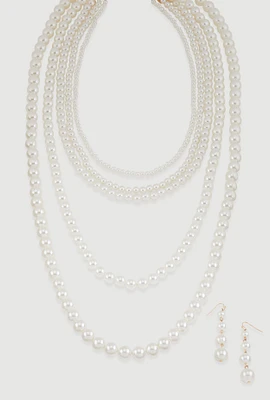 Womens Faux Pearl Layered Necklace with Drop Earrings, White