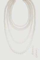 Womens Faux Pearl Layered Necklace with Drop Earrings, White