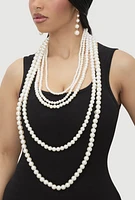 Womens Faux Pearl Layered Necklace with Drop Earrings, White