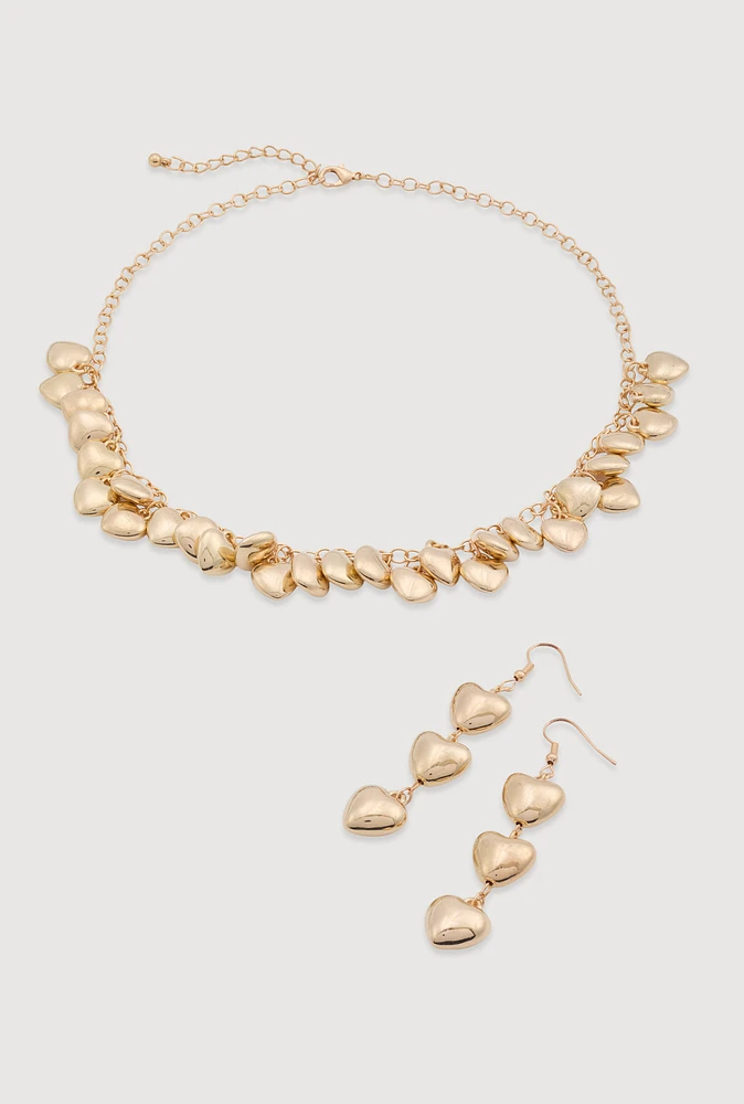 Womens Metallic Puff Heart Necklace and Drop Earrings Set, Gold