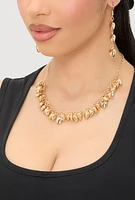 Womens Metallic Puff Heart Necklace and Drop Earrings Set, Gold