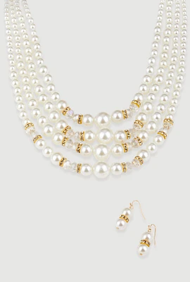 Womens Faux Pearl Rhinestone Beaded Layered Necklace with Drop Earrings, White