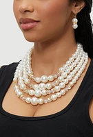 Womens Faux Pearl Rhinestone Beaded Layered Necklace with Drop Earrings, White