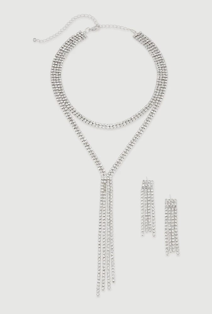 Womens Cubic Zirconia Y Necklace and Drop Earrings, Silver