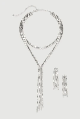 Womens Cubic Zirconia Y Necklace and Drop Earrings, Silver
