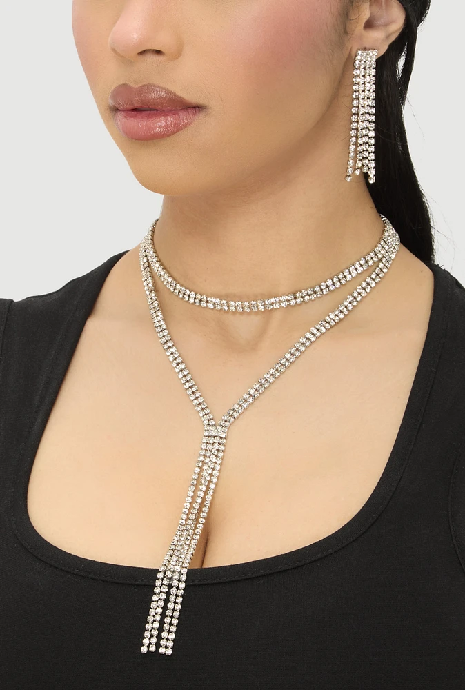 Womens Cubic Zirconia Y Necklace and Drop Earrings, Silver