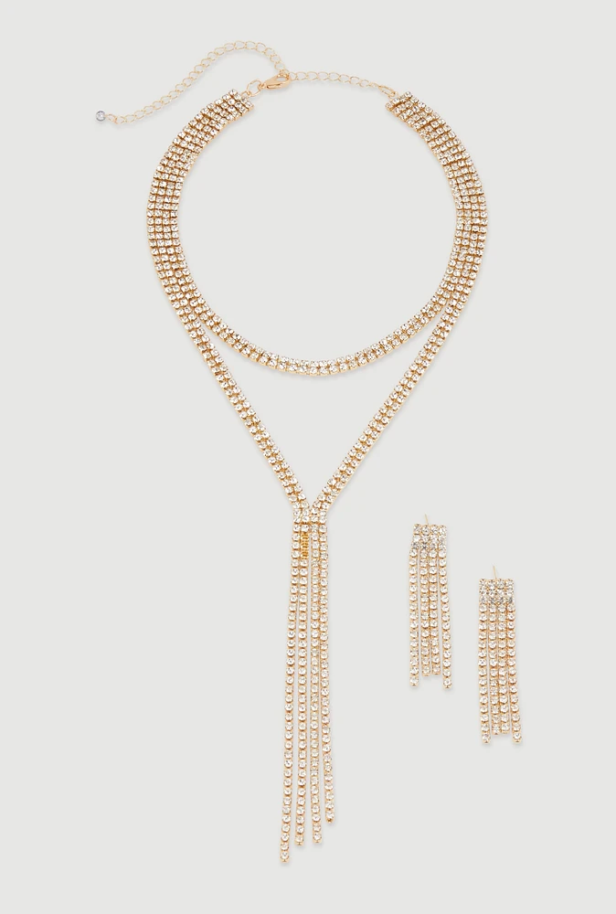 Womens Cubic Zirconia Y Necklace and Drop Earrings, Gold